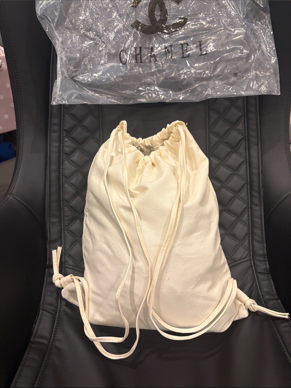 NWT Fashion Canvas Cream Drawstring Backpack with Black Logo - Picture 3 of 8